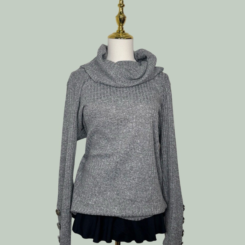 retrology gray turtleneck cowl neck elegant blouse sweater w sleeve buttons fall